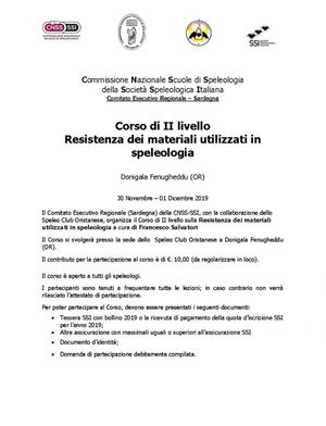 Corso di II livello  Resistenza dei materiali utilizzati in speleologia 30 Novembre - 01 Dicembre 2019