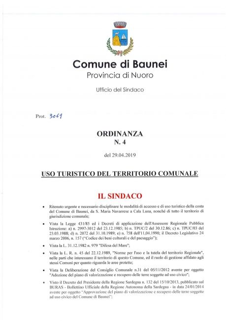 Comune di Baunei (NU) - Ordinanza fruizione territorio comunale