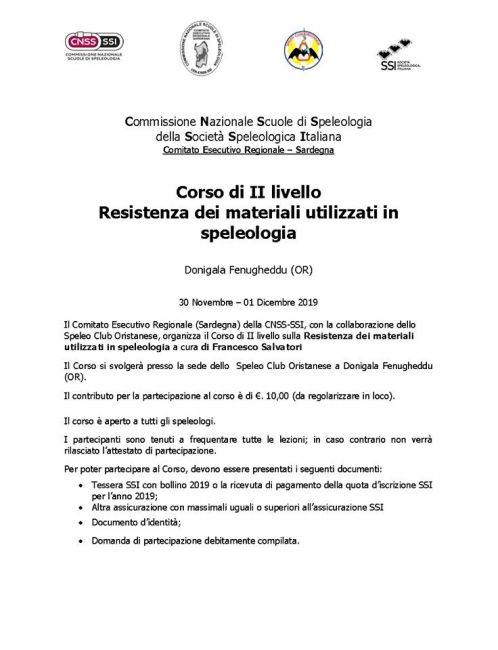 Corso di II livello  Resistenza dei materiali utilizzati in speleologia 30 Novembre - 01 Dicembre 2019